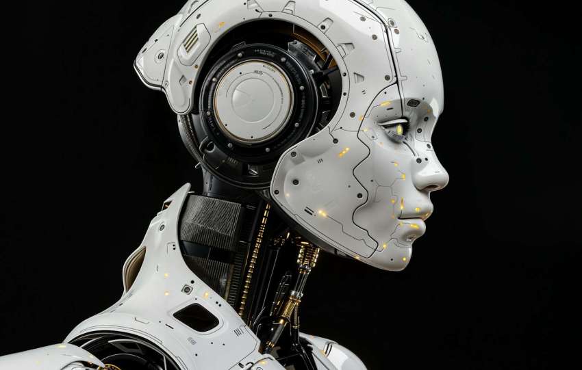 A white robot is standing in front of a black background